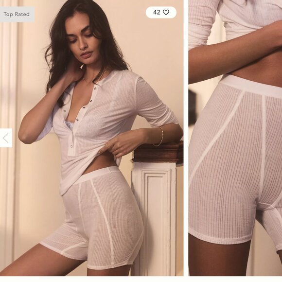 By Anthropologie Ribbed Pajama Set – White – Henley Top + Shorts (NWOT) - small - Picture 2 of 12